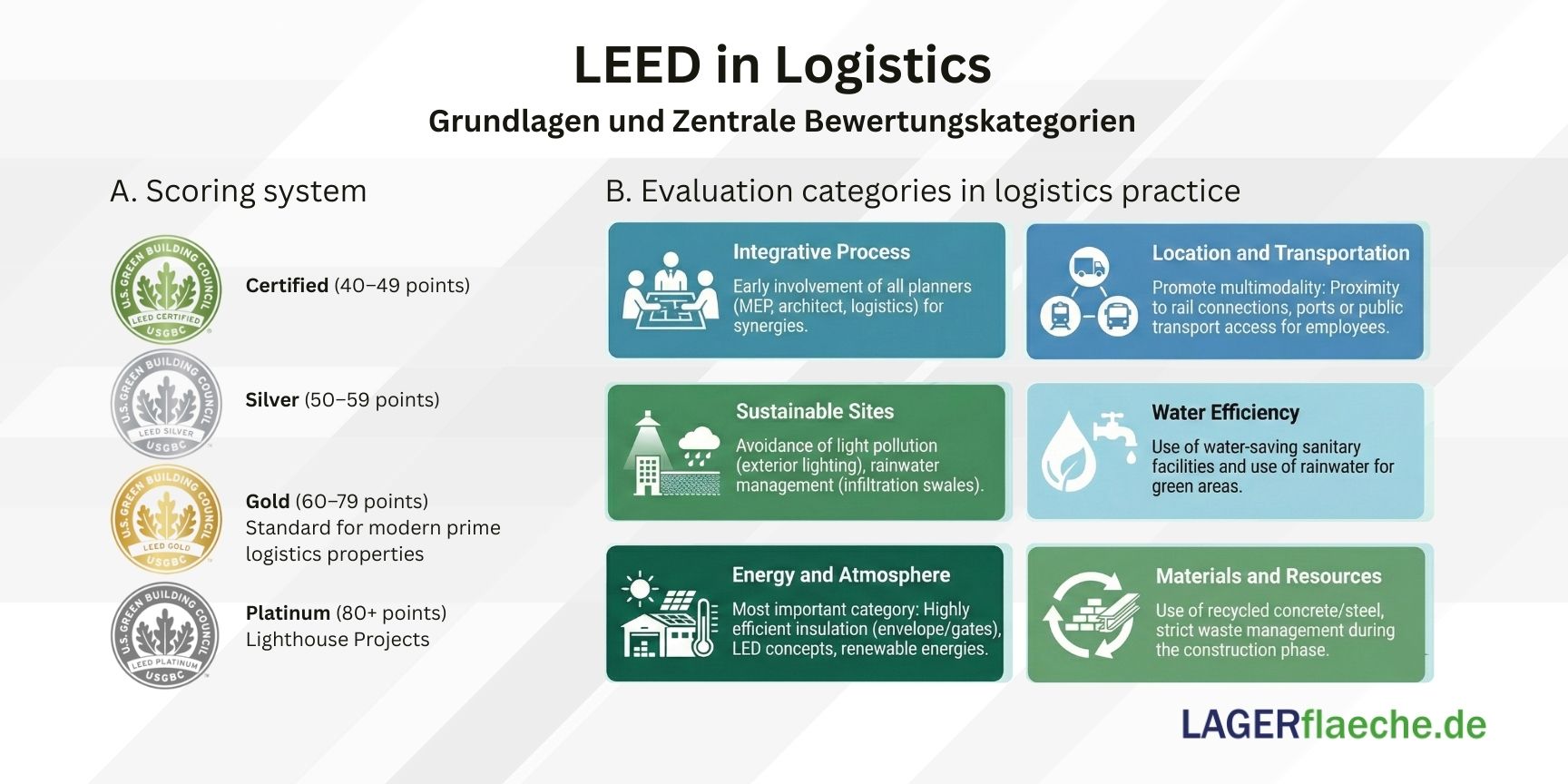 Infographic on LEED in Logistics: Fundamentals & Key Rating Categories'. It illustrates the four certification levels (Certified, Silver, Gold, Platinum) and details six central rating categories including Integrative Process, Location, Sustainable Sites, Water Efficiency, Energy and Atmosphere, and Materials.